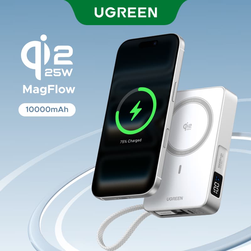 UGREEN Magflow 10000mAh Qi2 25W Magnetic Wireless Charging 30W Wired Fast Charging Powerbank Built in Type-C Cable for iPhone 18 17 pro max 17 pro Air 16e iPhone 16 Pro Max Qi2.2 Version