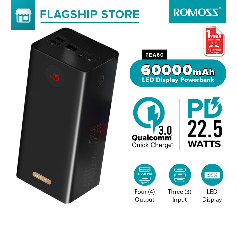 Romoss PEA60 60000mAh Quick Charge Power Bank 22.5W PD QC 3.0 Two-way Fast Charging Powerbank Outdoor power supply Type-C