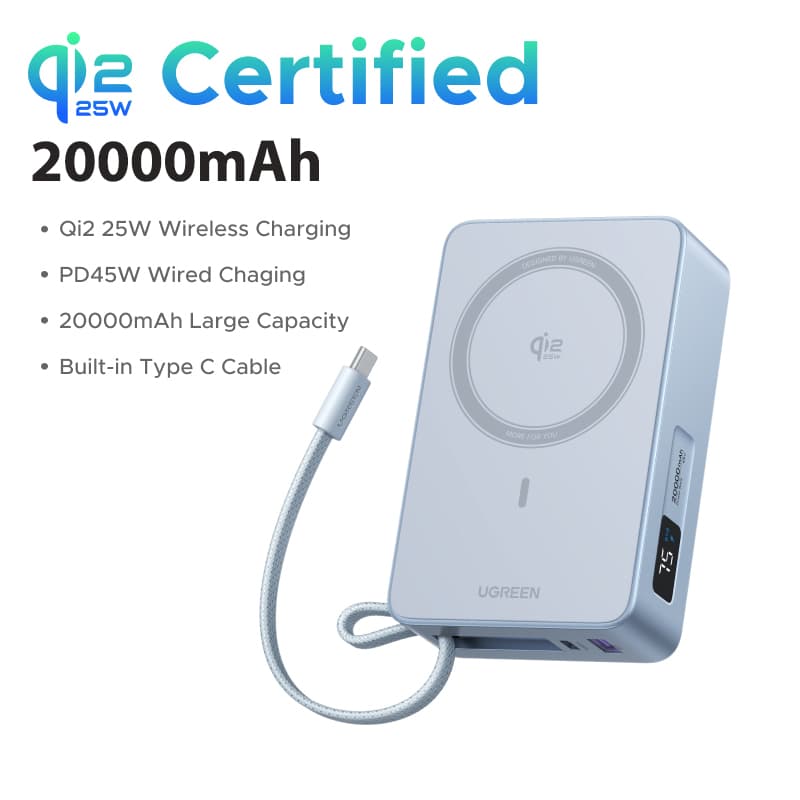 UGREEN Magflow 10000mAh Qi2 25W Magnetic Wireless Charging 30W Wired Fast Charging Powerbank Built in Type-C Cable for iPhone 18 17 pro max 17 pro Air 16e iPhone 16 Pro Max Qi2.2 Version