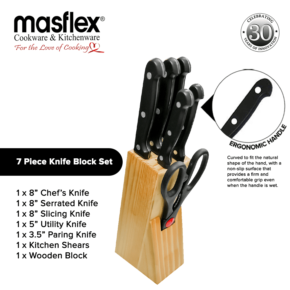 Masflex 7 Piece Knife Block Set Stainless Steel and Polypropylene (PP) Plastic Handle OW-7KB