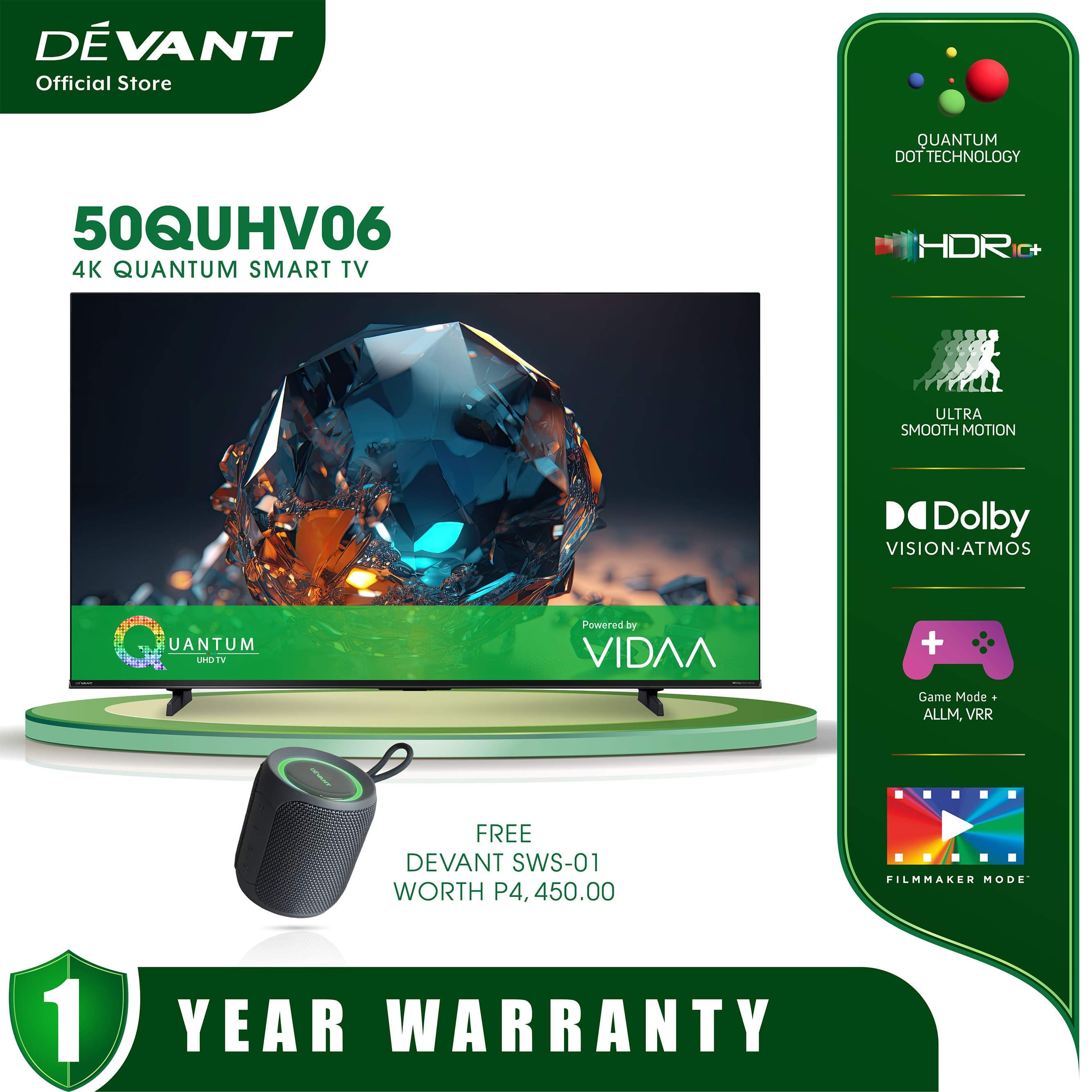 DEVANT 50QUHV06 50 inch Quantum Ultra HD (QUHD) 4K Smart TV - Netflix, Youtube and FREE Wall Bracket