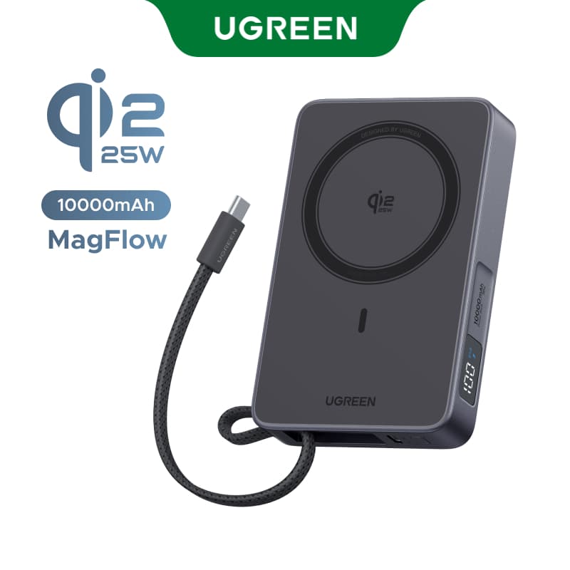 UGREEN Magflow 10000mAh Qi2 25W Magnetic Wireless Charging 30W Wired Fast Charging Powerbank Built in Type-C Cable for iPhone 18 17 pro max 17 pro Air 16e iPhone 16 Pro Max Qi2.2 Version