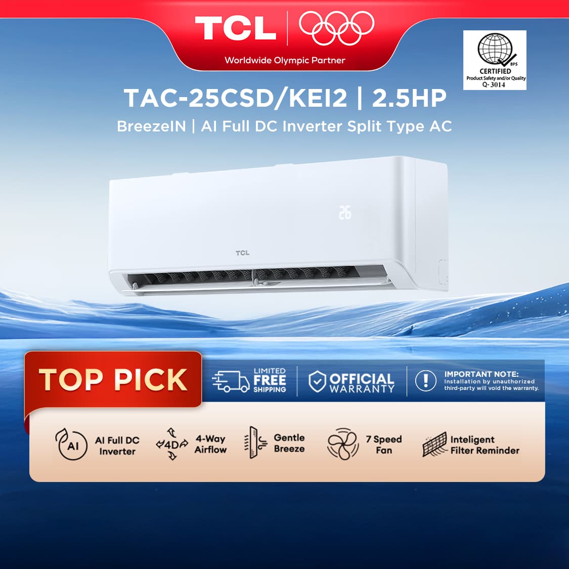 TCL KEI2 Series Inverter Aircon Split-type Air Conditioner, Intelligent Filter Reminder, AI Full DC Invertor, Gentle Breeze