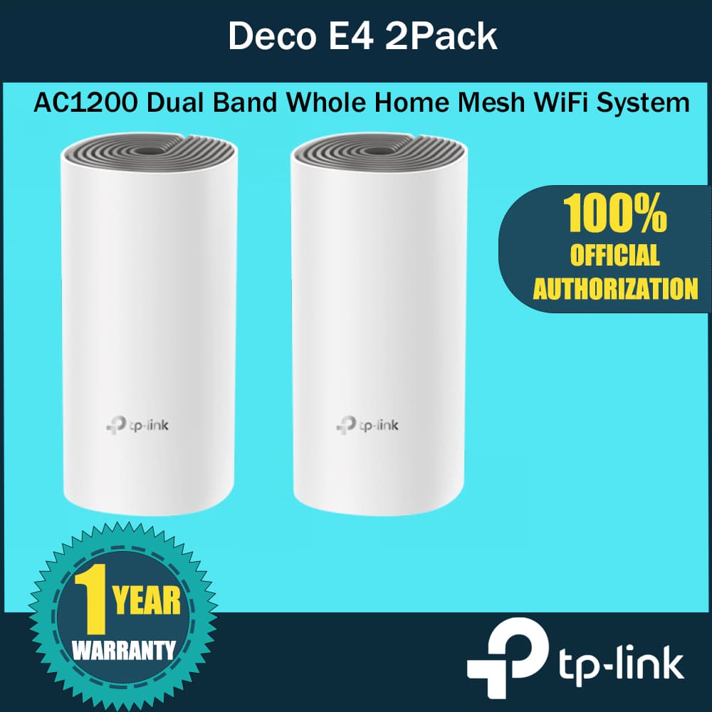 TP-Link Deco E4 2PACK Dual Band 2.4GHz 300Mbps & 5GHz 867Mbps Whole Home Mesh Wi-Fi System, Seamless and Speedy (AC1200), 2×100Mbps Ethernet Ports, Work with Amazon Echo/Alexa, Router and Wi-Fi Booster Replacement, Parent Control, Pack of 2