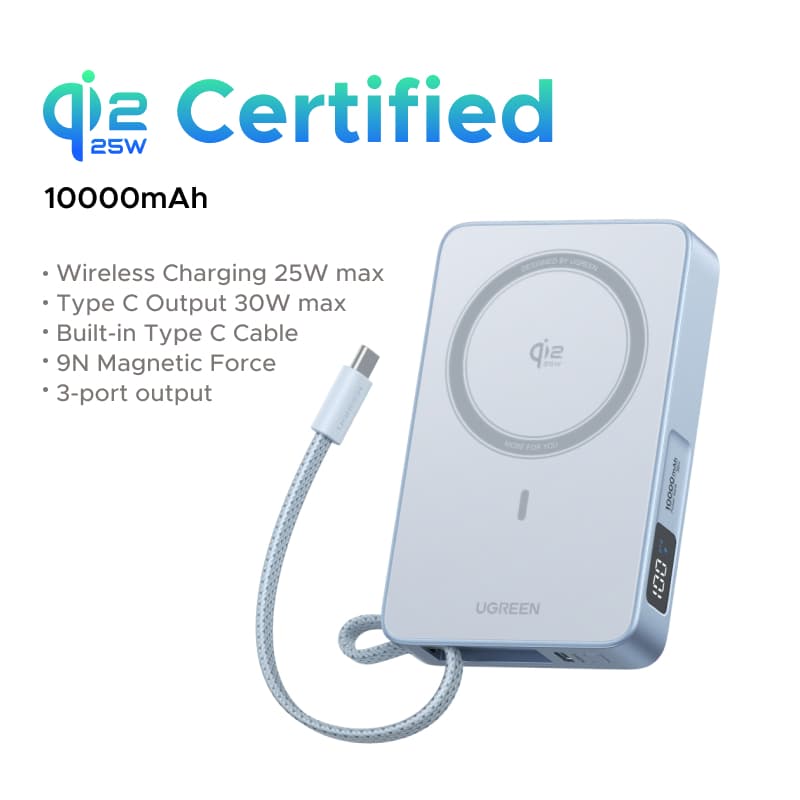 UGREEN Magflow 10000mAh Qi2 25W Magnetic Wireless Charging 30W Wired Fast Charging Powerbank Built in Type-C Cable for iPhone 18 17 pro max 17 pro Air 16e iPhone 16 Pro Max Qi2.2 Version